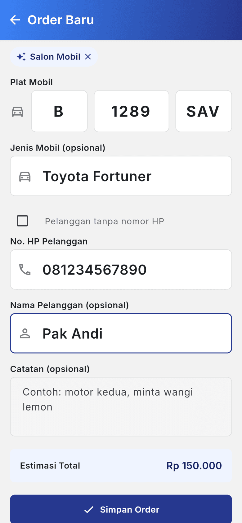 Aplikasi lapangan Qilap di HP, menampilkan form order berisi layanan Salon Mobil, plat B 1289 SAV, dan estimasi Rp 150.000