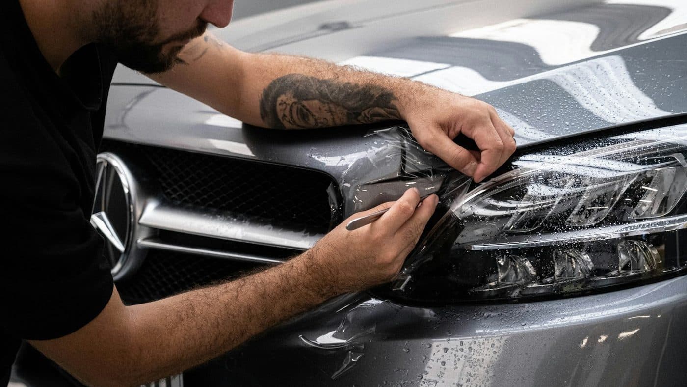 Teknisi mengoleskan wax pada kap mobil saat proses detailing