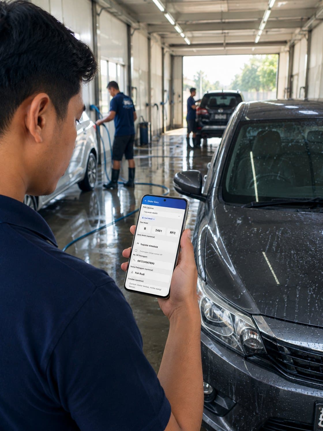 Petugas cuci mobil memegang HP yang menampilkan form order baru Qilap, dengan rekannya mencuci mobil di bay sebelah